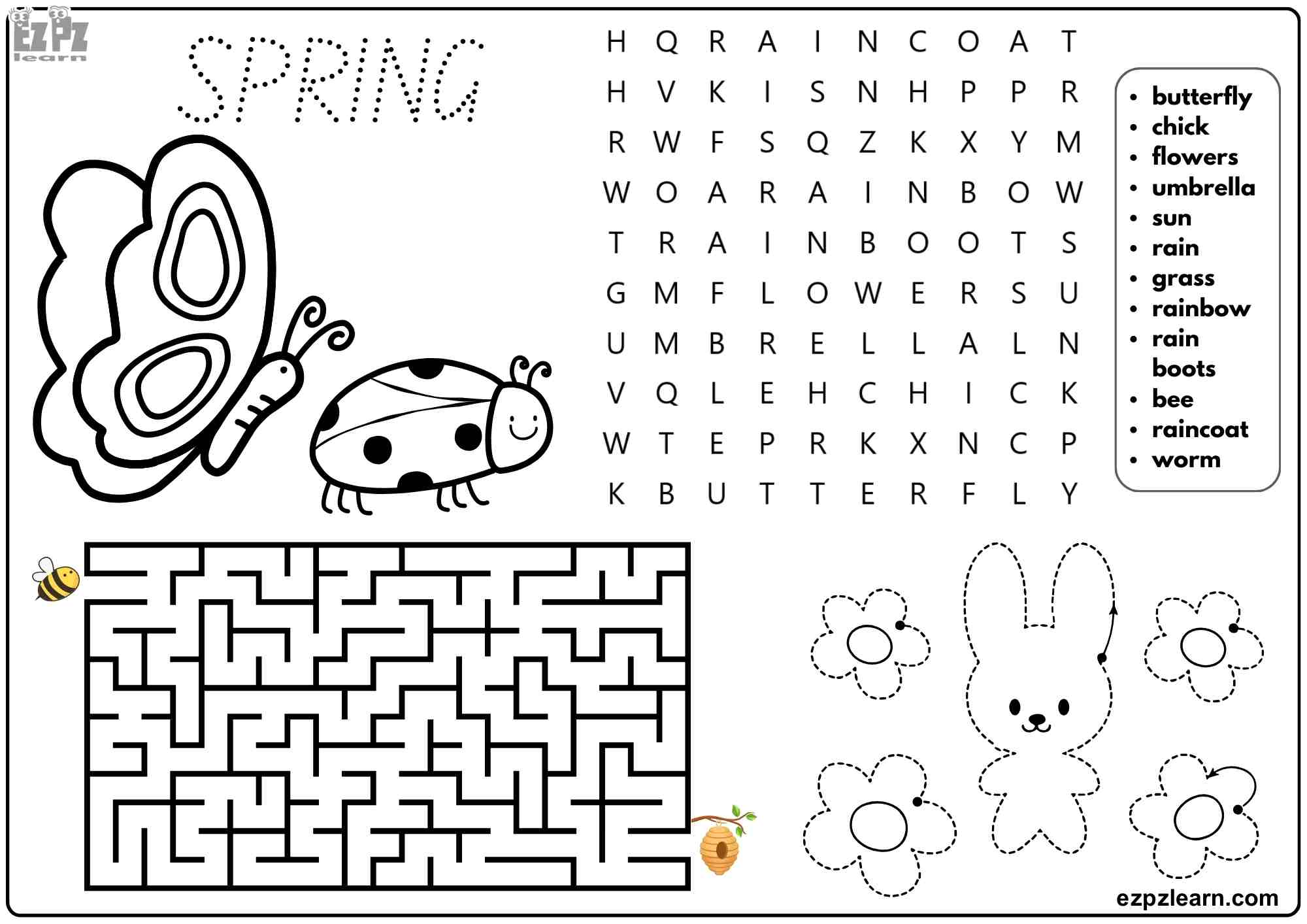 Spring Season Vocabulary For Kids. Includes: Word Search, Tracing, and